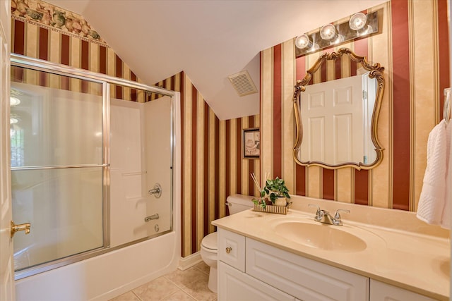 327 Peter Carnes Dr, North Augusta, SC 29860 - full bathroom with wallpapered walls, toilet, vanity, vaulted ceiling, and tile patterned floors