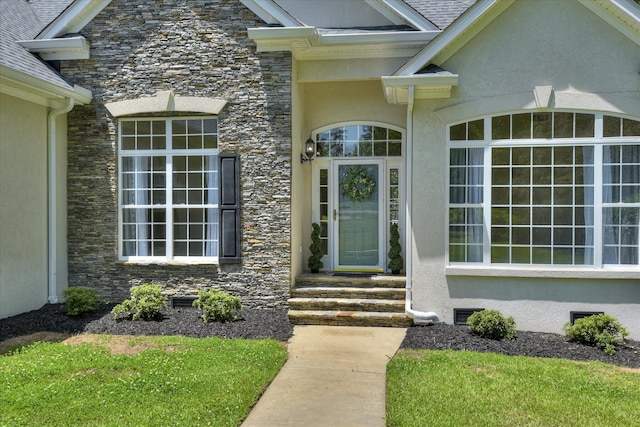 327 Peter Carnes Dr, North Augusta, SC 29860 - property entrance with stone siding, stucco siding, and crawl space
