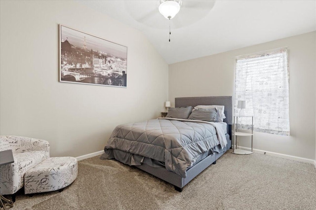 bedroom featuring carpet flooring, ceiling fan, and lofted ceiling