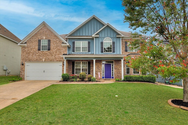 traditional-style home featuring concrete driveway, board and batten siding, an attached garage, brick siding, and a front lawn