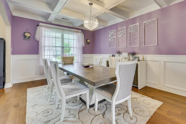 dining room with an inviting chandelier, wainscoting, beam ceiling, and a decorative wall