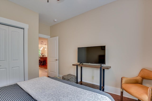 bedroom with a closet and hardwood / wood-style floors