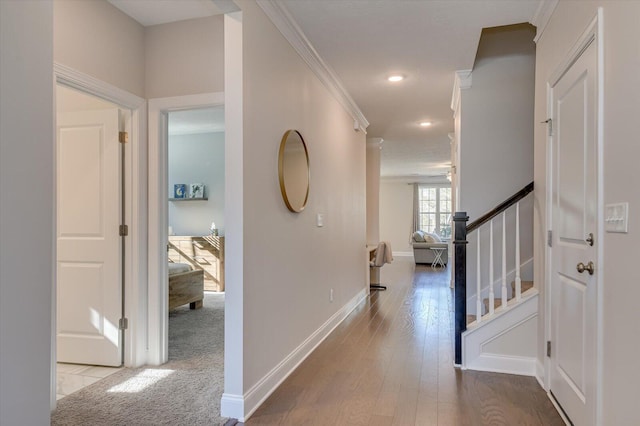 hallway featuring ornamental molding and light hardwood / wood-style flooring