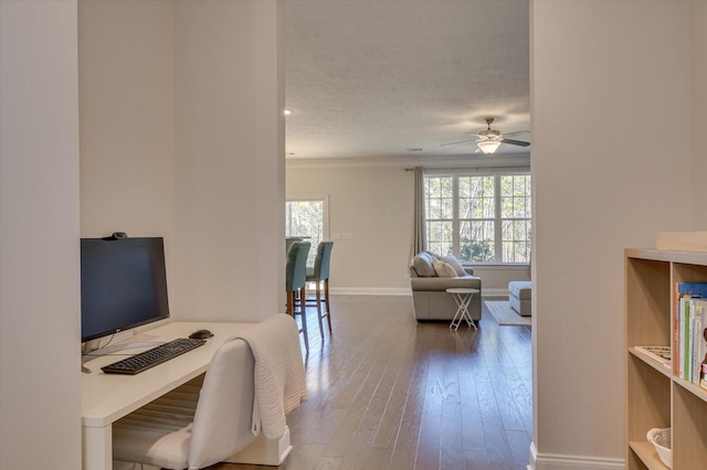 office with hardwood / wood-style floors and ceiling fan