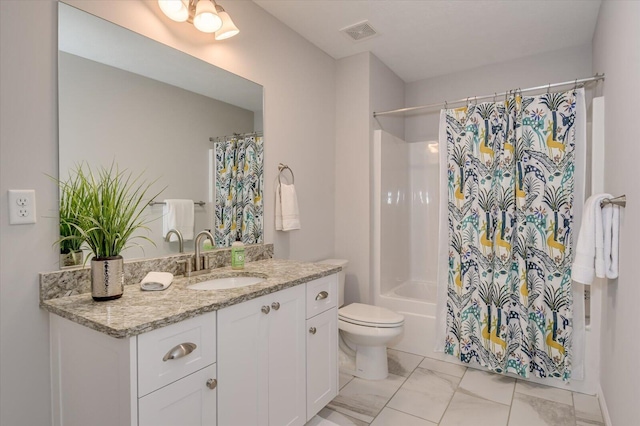 full bathroom featuring vanity, shower / bath combo, and toilet