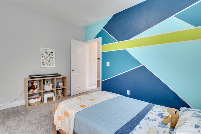 bedroom with vaulted ceiling and carpet