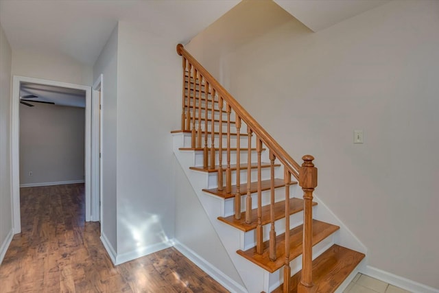 stairway with hardwood / wood-style flooring