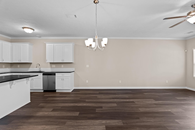 1006 Rosendale Dr, Hephzibah, GA 30815 - kitchen featuring stainless steel dishwasher, a ceiling fan, crown molding, a chandelier, and white cabinetry