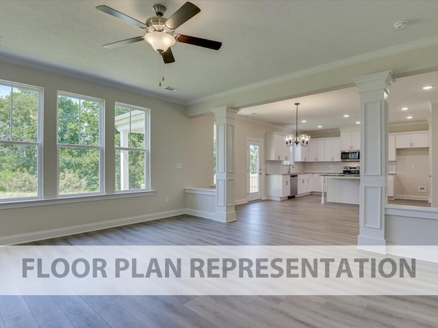 807 Lillian Park Dr Unit Lp2, Grovetown, GA 30813 - unfurnished living room with decorative columns, light wood-style flooring, ornamental molding, a chandelier, and baseboards