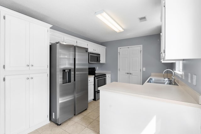 kitchen with visible vents, a peninsula, white cabinets, a sink, and appliances with stainless steel finishes