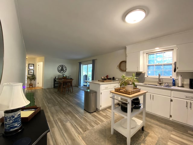2416 Forest Park Rd, Augusta, GA 30904 - kitchen with a peninsula, white cabinetry, light wood-style floors, and light countertops