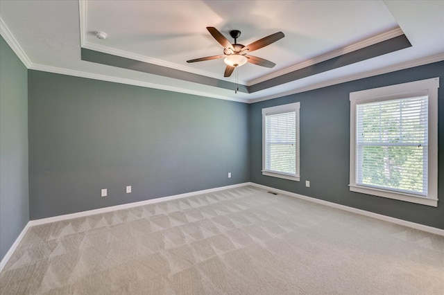 997 Glenhaven Dr, Evans, GA 30809 - unfurnished room featuring a tray ceiling, ornamental molding, ceiling fan, and light colored carpet