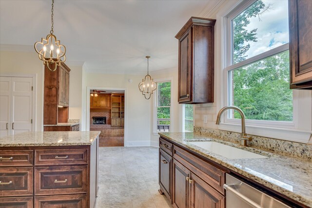 3549 Stevens Way, Martinez, GA 30907 - kitchen featuring a chandelier, dishwasher, pendant lighting, ornamental molding, and light stone countertops