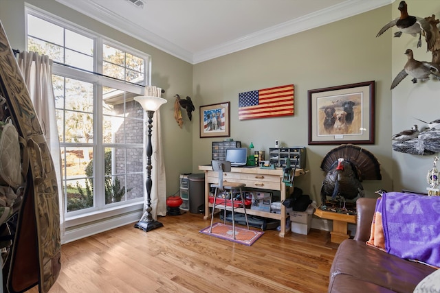 office space with light hardwood / wood-style flooring and ornamental molding