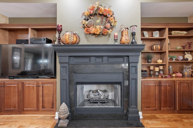 interior details featuring a premium fireplace and hardwood / wood-style flooring