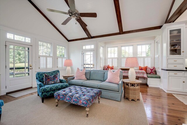 2619 Raymond Ave, Augusta, GA 30904 - living area with light wood finished floors, ceiling fan, high vaulted ceiling, and beamed ceiling