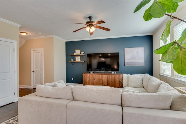 living room featuring ornamental molding, plenty of natural light, dark hardwood / wood-style floors, and ceiling fan