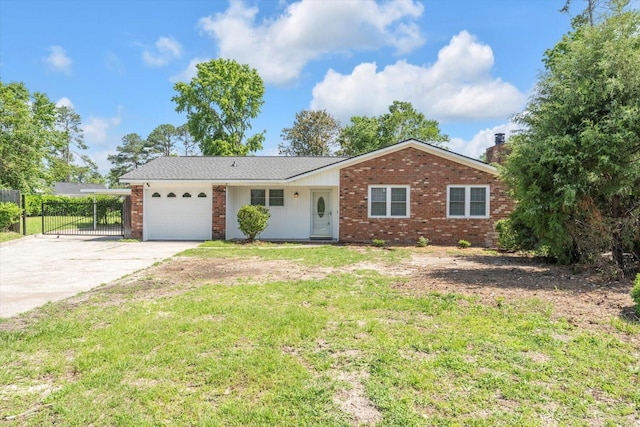 ranch-style home with concrete driveway, a garage, a chimney, and brick siding