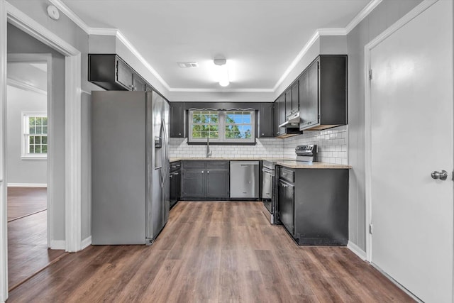 kitchen featuring stainless steel appliances, a sink, wood finished floors, tasteful backsplash, and plenty of natural light