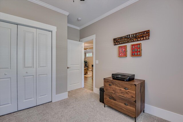 carpeted bedroom featuring crown molding and a closet