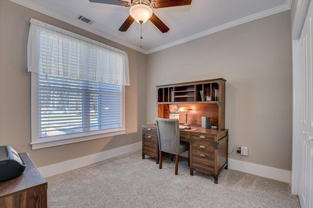 office with light carpet, ceiling fan, and crown molding