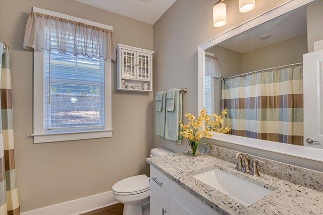 bathroom with hardwood / wood-style flooring, vanity, and toilet