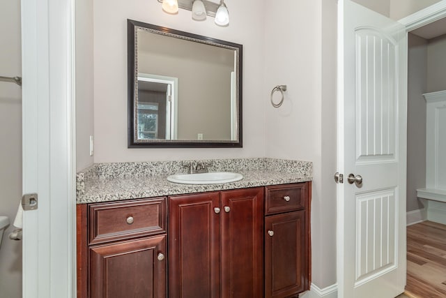 bathroom with wood-type flooring and vanity