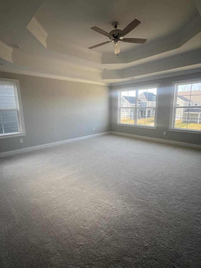 spare room with ornamental molding, a tray ceiling, carpet, and a healthy amount of sunlight