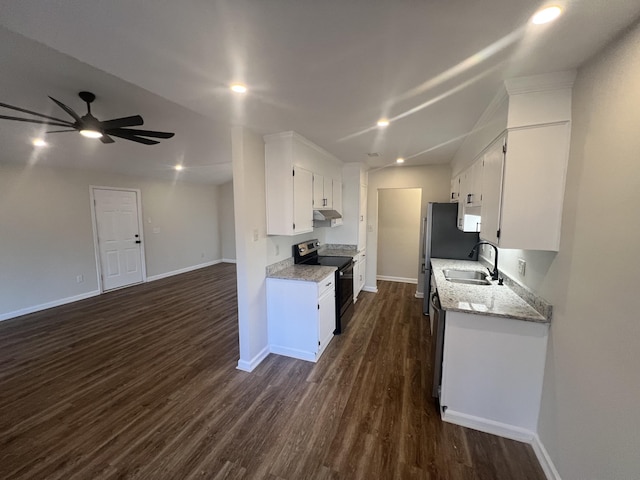 kitchen featuring dark hardwood / wood-style floors, sink, white cabinets, and electric stove