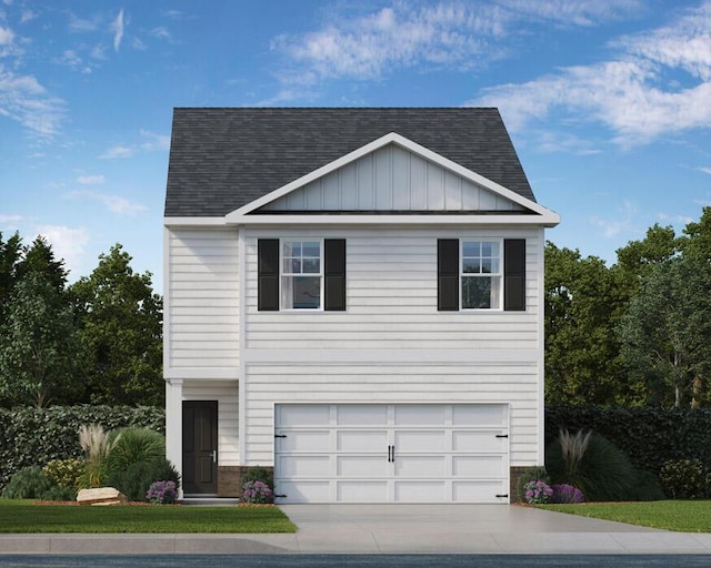 view of front of property with driveway, an attached garage, board and batten siding, and roof with shingles