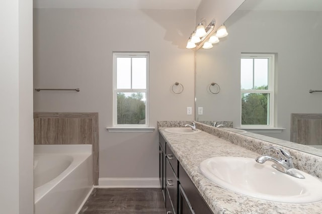 bathroom with hardwood / wood-style floors, a bathtub, and vanity