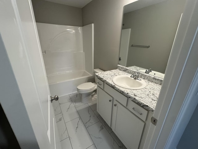 full bath featuring shower / tub combination, marble finish floor, vanity, and toilet