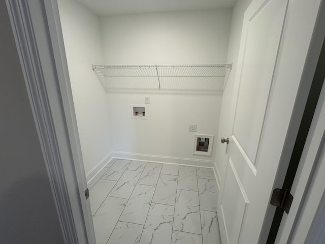 laundry area featuring hookup for an electric dryer, marble finish floor, baseboards, laundry area, and washer hookup