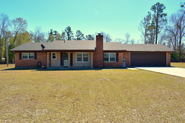 single story home with an attached garage, a chimney, concrete driveway, and a front lawn