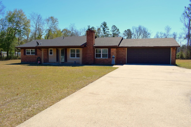 ranch-style house featuring brick siding, a front lawn, concrete driveway, a chimney, and a garage