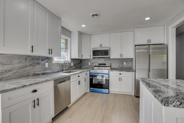 kitchen with backsplash, stainless steel appliances, sink, light hardwood / wood-style flooring, and white cabinets