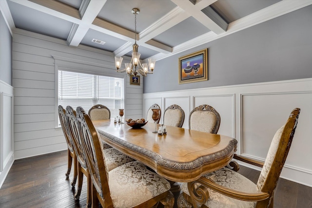 1856 Preservation Cir, Evans, GA 30809 - dining room featuring a chandelier, coffered ceiling, beam ceiling, dark wood-style floors, and wainscoting