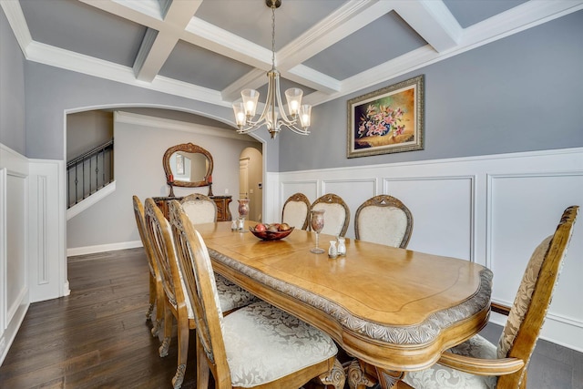 1856 Preservation Cir, Evans, GA 30809 - dining space featuring coffered ceiling, arched walkways, wainscoting, beam ceiling, and dark wood-style flooring