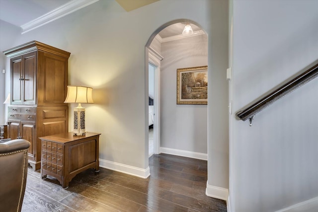 1856 Preservation Cir, Evans, GA 30809 - corridor with arched walkways, ornamental molding, and dark wood-type flooring