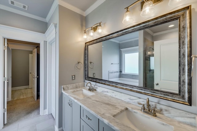 1856 Preservation Cir, Evans, GA 30809 - full bathroom with double vanity, a stall shower, tile patterned floors, ornamental molding, and a tub