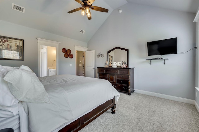 1856 Preservation Cir, Evans, GA 30809 - bedroom with light colored carpet, high vaulted ceiling, connected bathroom, and a ceiling fan