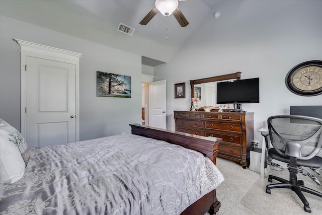 1856 Preservation Cir, Evans, GA 30809 - bedroom with light colored carpet, high vaulted ceiling, a ceiling fan, and a desk
