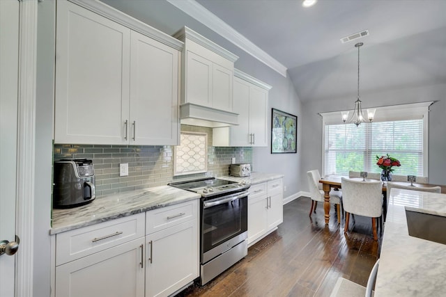 1856 Preservation Cir, Evans, GA 30809 - kitchen featuring stainless steel electric range, a chandelier, tasteful backsplash, white cabinetry, and dark wood-style floors