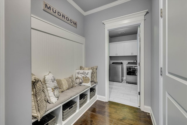 1856 Preservation Cir, Evans, GA 30809 - mudroom featuring washer and dryer, dark wood-type flooring, and crown molding