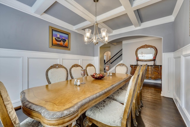 1856 Preservation Cir, Evans, GA 30809 - dining room featuring arched walkways, a decorative wall, coffered ceiling, a chandelier, and beamed ceiling