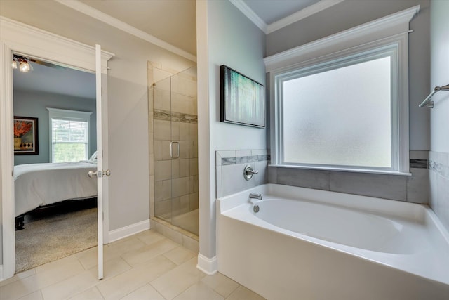 1856 Preservation Cir, Evans, GA 30809 - ensuite bathroom featuring a bath, a stall shower, ornamental molding, and tile patterned floors