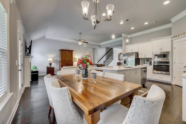1856 Preservation Cir, Evans, GA 30809 - dining room featuring stairs, ceiling fan, crown molding, dark wood finished floors, and recessed lighting