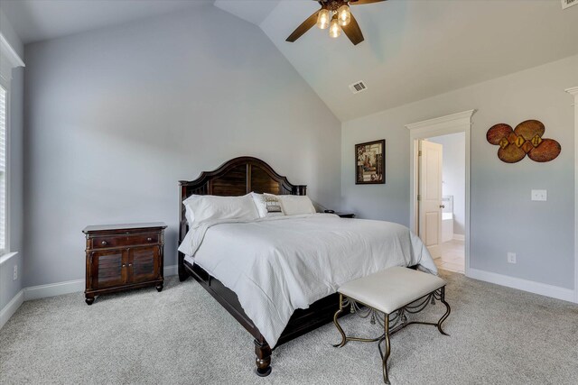 1856 Preservation Cir, Evans, GA 30809 - bedroom with light colored carpet, high vaulted ceiling, ensuite bathroom, and a ceiling fan
