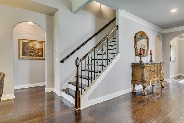 1856 Preservation Cir, Evans, GA 30809 - staircase featuring arched walkways, wood finished floors, ornamental molding, and recessed lighting