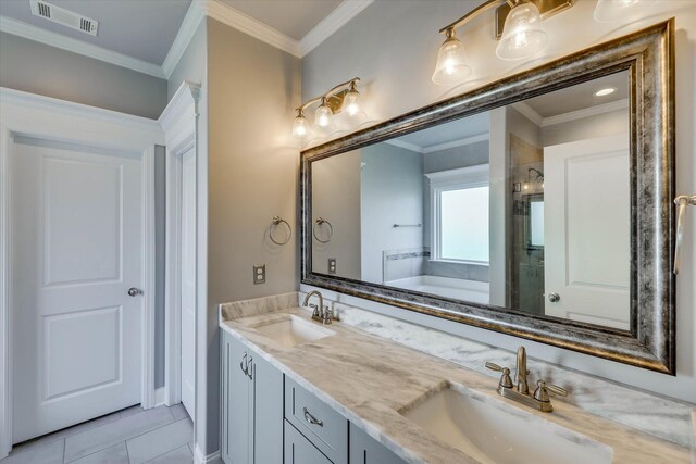 1856 Preservation Cir, Evans, GA 30809 - bathroom with double vanity, a shower stall, tile patterned floors, ornamental molding, and a bath